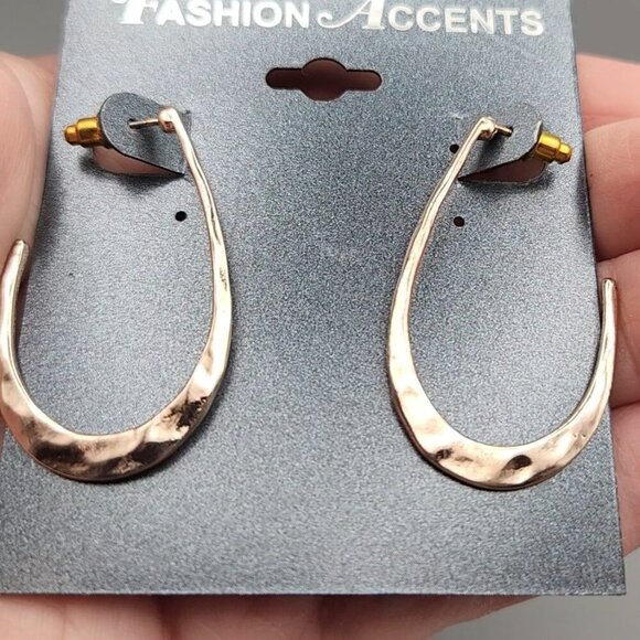 Rose Gold Hammered Hoop Earrings – Fashion Jewelry Statement Post Back New - Picture 7 of 7